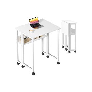 Sidney Kitaplık Raflı Katlanır Masa 70 Cm Tekerli Bilgisayar Masası Laptop Masası Beyaz Beyaz