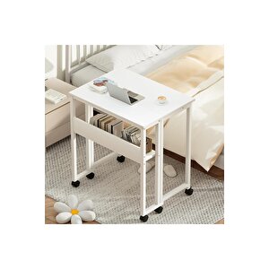 Sidney Kitaplık Raflı Katlanır Masa 70 Cm Tekerli Bilgisayar Masası Laptop Masası Beyaz Beyaz