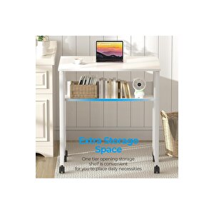 Sidney Kitaplık Raflı Katlanır Masa 70 Cm Tekerli Bilgisayar Masası Laptop Masası Beyaz