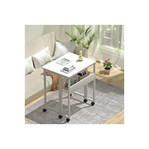 Sidney Kitaplık Raflı Katlanır Masa 70 Cm Tekerli Bilgisayar Masası Laptop Masası Beyaz