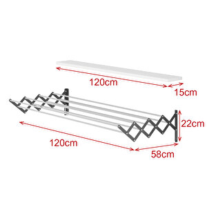 Akordion 120cm 9 Gözlü Çamaşır Kurutma Askısı Duvara Monte Katlanabilir Kurutmalık Antrasit