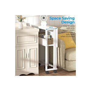 Sidney Kitaplık Raflı Katlanır Masa 70 Cm Tekerli Bilgisayar Masası Laptop Masası Beyaz