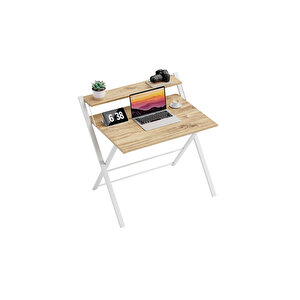 Bodo Metal Ayaklı Laptop Masası Katlanır Çalışma Masası Raflı Masa Katlanır Laptop Sehpası Çam Atlantik Çam - Beyaz