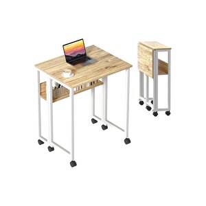 Sidney Kitaplık Raflı Katlanır Masa 70 Cm Tekerli Bilgisayar Masası Laptop Masası Atlantik Çam Atlantik Çam