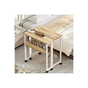 Sidney Kitaplık Raflı Katlanır Masa 70 Cm Tekerli Bilgisayar Masası Laptop Masası Atlantik Çam Atlantik Çam