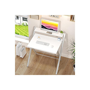 Bodo Metal Ayaklı Laptop Masası Katlanır Çalışma Masası Raflı Masa Katlanır Laptop Sehpası Beyaz Beyaz-Beyaz