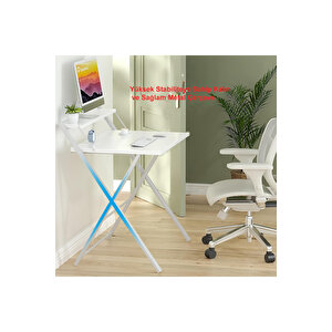 Bodo Metal Ayaklı Laptop Masası Katlanır Çalışma Masası Raflı Masa Katlanır Laptop Sehpası Beyaz