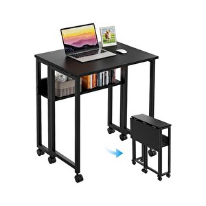 Sidney Kitaplık Raflı Katlanır Masa 70cm Tekerli Bilgisayar Masası Laptop Masası Siyah Siyah