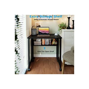 Sidney Kitaplık Raflı Katlanır Masa 70cm Tekerli Bilgisayar Masası Laptop Masası Siyah