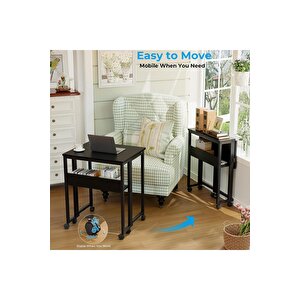 Sidney Kitaplık Raflı Katlanır Masa 70cm Tekerli Bilgisayar Masası Laptop Masası Siyah