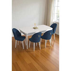 Mura Beyaz 80x132 Açılabilir Mdf Masa Yemek Odası Takımı, Mutfak Takımı 4 Adet Sandalye Lacivert