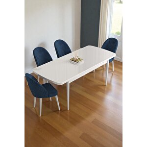 Mura Beyaz 80x132 Açılabilir Mdf Masa Yemek Odası Takımı, Mutfak Takımı 4 Adet Sandalye Lacivert