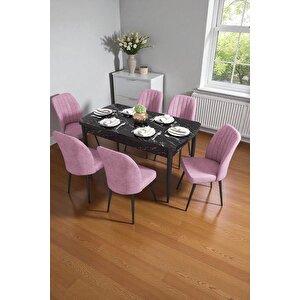 Bara Siyah Mermer 80x132 Açılabilir Sunta Masa Yemek Odası Takımı, Mutfak Takımı 6 Adet Sandalye Pembe
