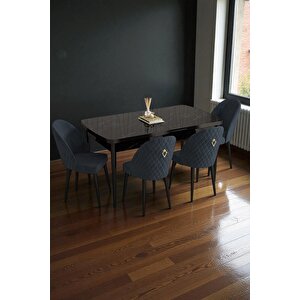 Mura Siyah Mermer 80x132 Açılabilir Mdf Masa Yemek Odası Takımı, Mutfak Takımı 4 Adet Sandalye Antrasit