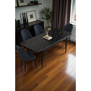 Mura Siyah Mermer 80x132 Açılabilir Mdf Masa Yemek Odası Takımı, Mutfak Takımı 4 Adet Sandalye Antrasit