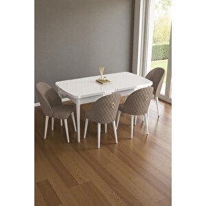 Mura Beyaz 80x132 Açılabilir Mdf Masa Yemek Odası Takımı, Mutfak Takımı 4 Adet Sandalye Cappuccino