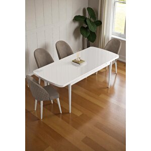 Mura Beyaz 80x132 Açılabilir Mdf Masa Yemek Odası Takımı, Mutfak Takımı 4 Adet Sandalye Cappuccino