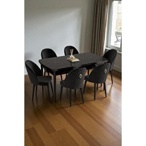 Mura Siyah Mermer 80x132 Açılabilir Mdf Masa Yemek Odası Takımı, Mutfak Takımı 6 Adet Sandalye Siyah