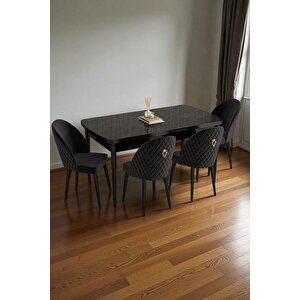 Mura Siyah Mermer 80x132 Açılabilir Mdf Masa Yemek Odası Takımı, Mutfak Takımı 4 Adet Sandalye Siyah