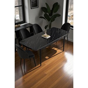Mura Siyah Mermer 80x132 Açılabilir Mdf Masa Yemek Odası Takımı, Mutfak Takımı 4 Adet Sandalye Siyah