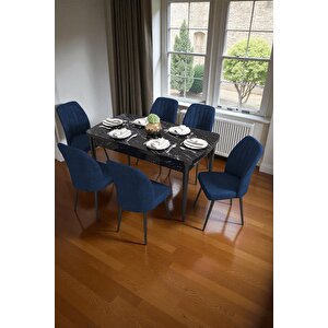 Bara Siyah Mermer 80x132 Açılabilir Sunta Masa Yemek Odası Takımı, Mutfak Takımı 6 Adet Sandalye Lacivert