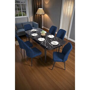 Bara Siyah Mermer 80x132 Açılabilir Sunta Masa Yemek Odası Takımı, Mutfak Takımı 6 Adet Sandalye Lacivert