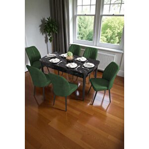 Bara Siyah Mermer 80x132 Açılabilir Sunta Masa Yemek Odası Takımı, Mutfak Takımı 6 Adet Sandalye Yeşil