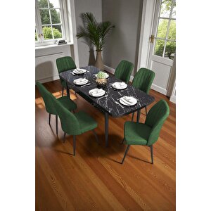 Bara Siyah Mermer 80x132 Açılabilir Sunta Masa Yemek Odası Takımı, Mutfak Takımı 6 Adet Sandalye Yeşil