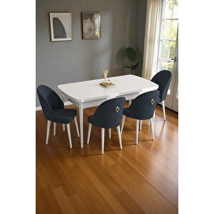 Mura Beyaz 80x132 Açılabilir Mdf Masa Yemek Odası Takımı, Mutfak Takımı 4 Adet Sandalye Antrasit