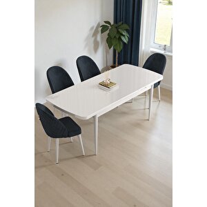 Mura Beyaz 80x132 Açılabilir Mdf Masa Yemek Odası Takımı, Mutfak Takımı 4 Adet Sandalye Antrasit