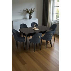 Mura Siyah Mermer 80x132 Açılabilir Mdf Masa Yemek Odası Takımı, Mutfak Takımı 6 Adet Sandalye Antrasit