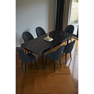 Mura Siyah Mermer 80x132 Açılabilir Mdf Masa Yemek Odası Takımı, Mutfak Takımı 6 Adet Sandalye Antrasit