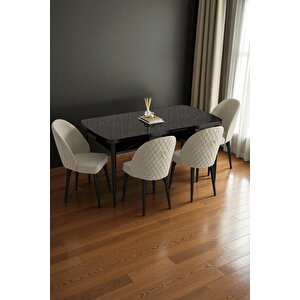 Mura Siyah Mermer 80x132 Açılabilir Mdf Masa Yemek Odası Takımı, Mutfak Takımı 4 Adet Sandalye Krem
