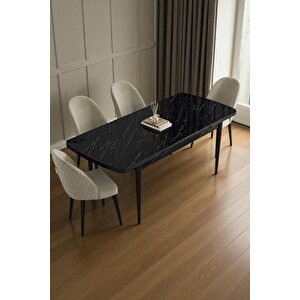 Mura Siyah Mermer 80x132 Açılabilir Mdf Masa Yemek Odası Takımı, Mutfak Takımı 4 Adet Sandalye Krem