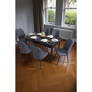 Bara Siyah Mermer 80x132 Açılabilir Sunta Masa Yemek Odası Takımı, Mutfak Takımı 6 Adet Sandalye Antrasit