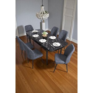 Bara Siyah Mermer 80x132 Açılabilir Sunta Masa Yemek Odası Takımı, Mutfak Takımı 6 Adet Sandalye Antrasit