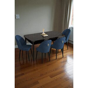 Mura Siyah Mermer 80x132 Açılabilir Mdf Masa Yemek Odası Takımı, Mutfak Takımı 4 Adet Sandalye Lacivert