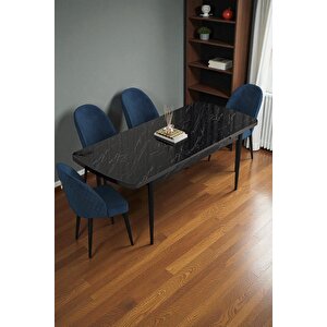 Mura Siyah Mermer 80x132 Açılabilir Mdf Masa Yemek Odası Takımı, Mutfak Takımı 4 Adet Sandalye Lacivert