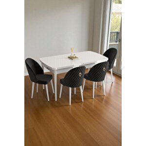 Mura Beyaz 80x132 Açılabilir Mdf Masa Yemek Odası Takımı, Mutfak Takımı 4 Adet Sandalye Siyah