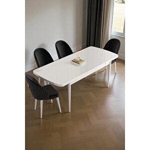 Mura Beyaz 80x132 Açılabilir Mdf Masa Yemek Odası Takımı, Mutfak Takımı 4 Adet Sandalye Siyah