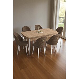 Mura Meşe 80x132 Açılabilir Mdf Masa Yemek Odası Takımı, Mutfak Takımı 6 Adet Sandalye Kahverengi