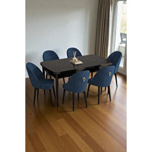 Mura Siyah Mermer 80x132 Açılabilir Mdf Masa Yemek Odası Takımı, Mutfak Takımı 6 Adet Sandalye Lacivert