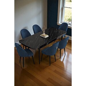 Mura Siyah Mermer 80x132 Açılabilir Mdf Masa Yemek Odası Takımı, Mutfak Takımı 6 Adet Sandalye Lacivert