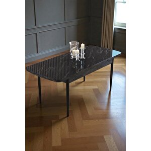 Mura Siyah Mermer 80x132 Açılabilir Mdf Masa Yemek Odası Takımı, Mutfak Takımı 6 Adet Sandalye