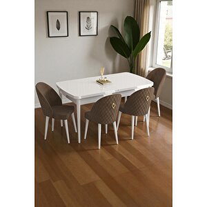 Mura Beyaz 80x132 Açılabilir Mdf Masa Yemek Odası Takımı, Mutfak Takımı 4 Adet Sandalye Kahverengi
