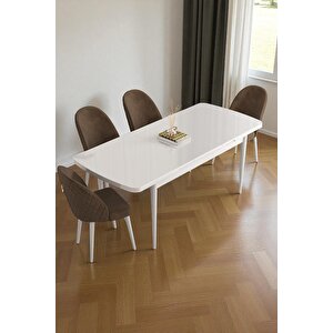 Mura Beyaz 80x132 Açılabilir Mdf Masa Yemek Odası Takımı, Mutfak Takımı 4 Adet Sandalye Kahverengi