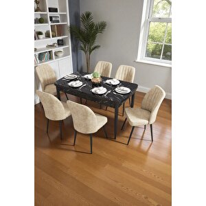 Bara Siyah Mermer 80x132 Açılabilir Sunta Masa Yemek Odası Takımı, Mutfak Takımı 6 Adet Sandalye Krem