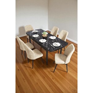 Bara Siyah Mermer 80x132 Açılabilir Sunta Masa Yemek Odası Takımı, Mutfak Takımı 6 Adet Sandalye Krem