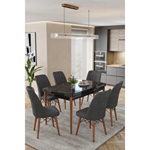 Karba Siyah Mermer 80x132 Açılabilir Sunta Masa Yemek Odası Takımı, Mutfak Takımı 6 Adet Sandalye Siyah