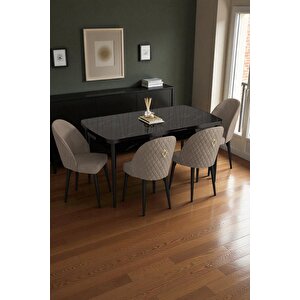 Mura Siyah Mermer 80x132 Açılabilir Mdf Masa Yemek Odası Takımı, Mutfak Takımı 4 Adet Sandalye Cappuccino